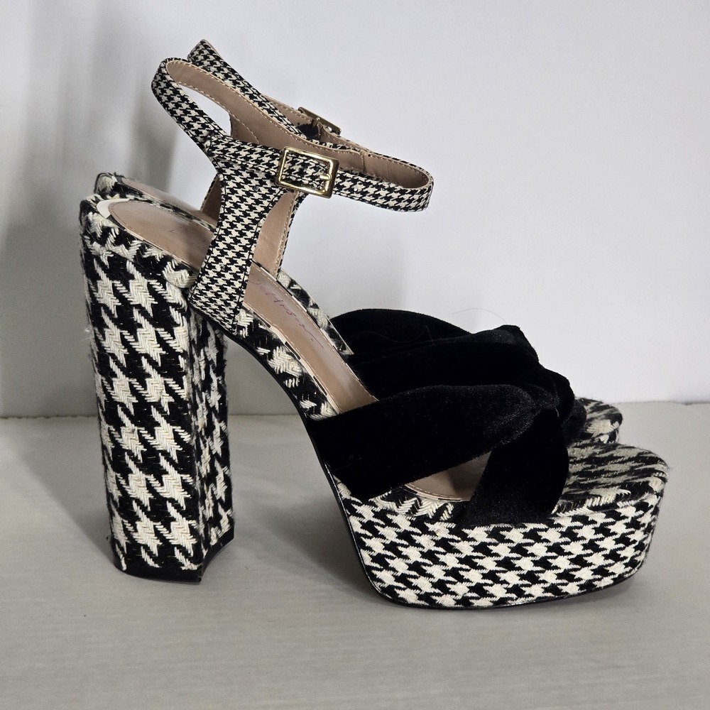 Betsey Johnson Houndstooth Platform Heels Velvet Bow Strap Block Heel Size 8.5M